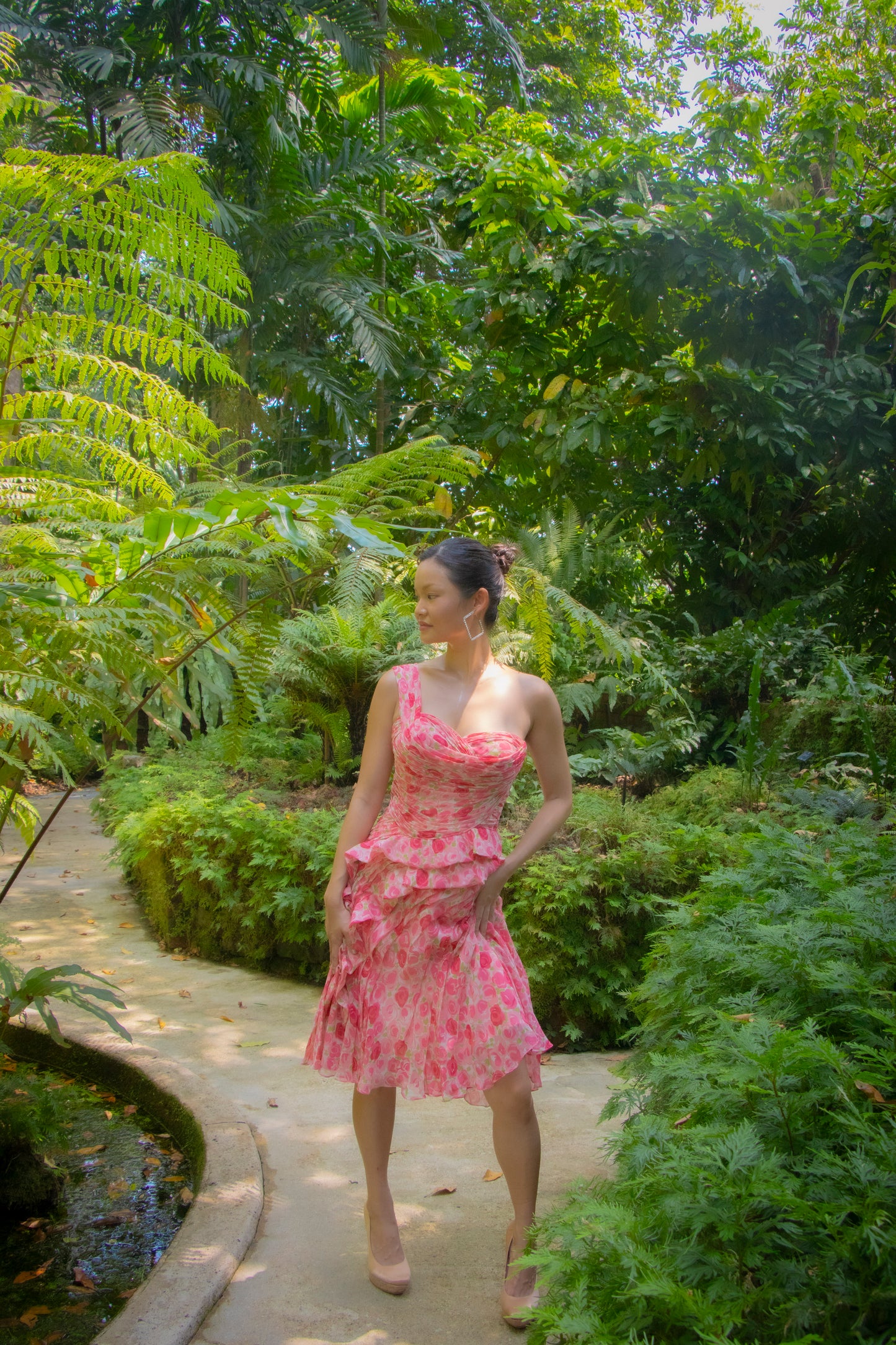 Indonesian Designer Rose One Shoulder Dress