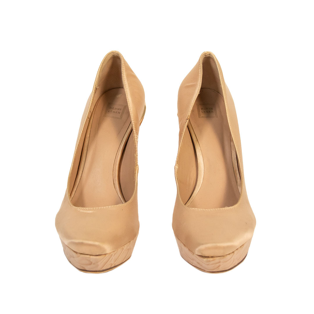 Herve Leger Nude Satin Platform Pumps