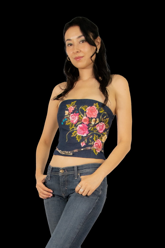 Vintage '00s Denim Beaded Floral Corset
